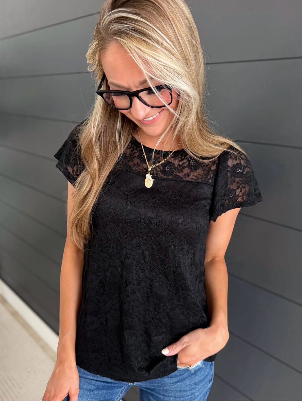 NWOT. Black Lace Flutter Sleeve Top